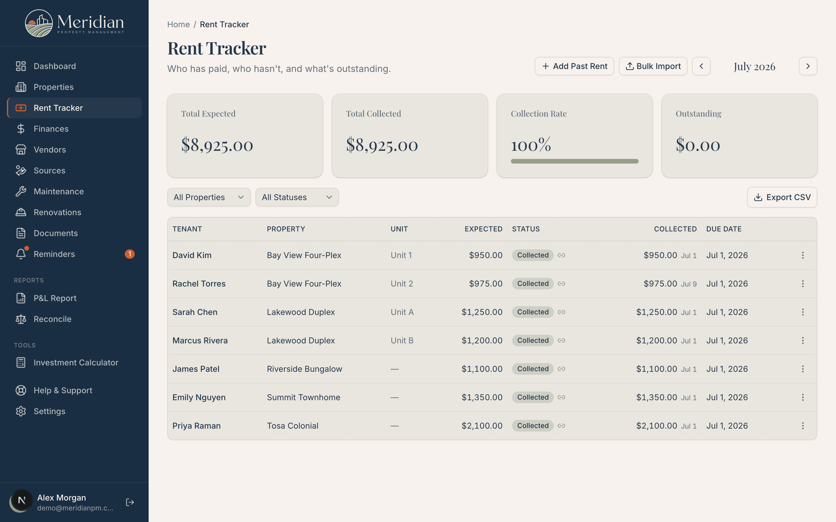 Meridian rent tracker with monthly collection statuses per tenant
