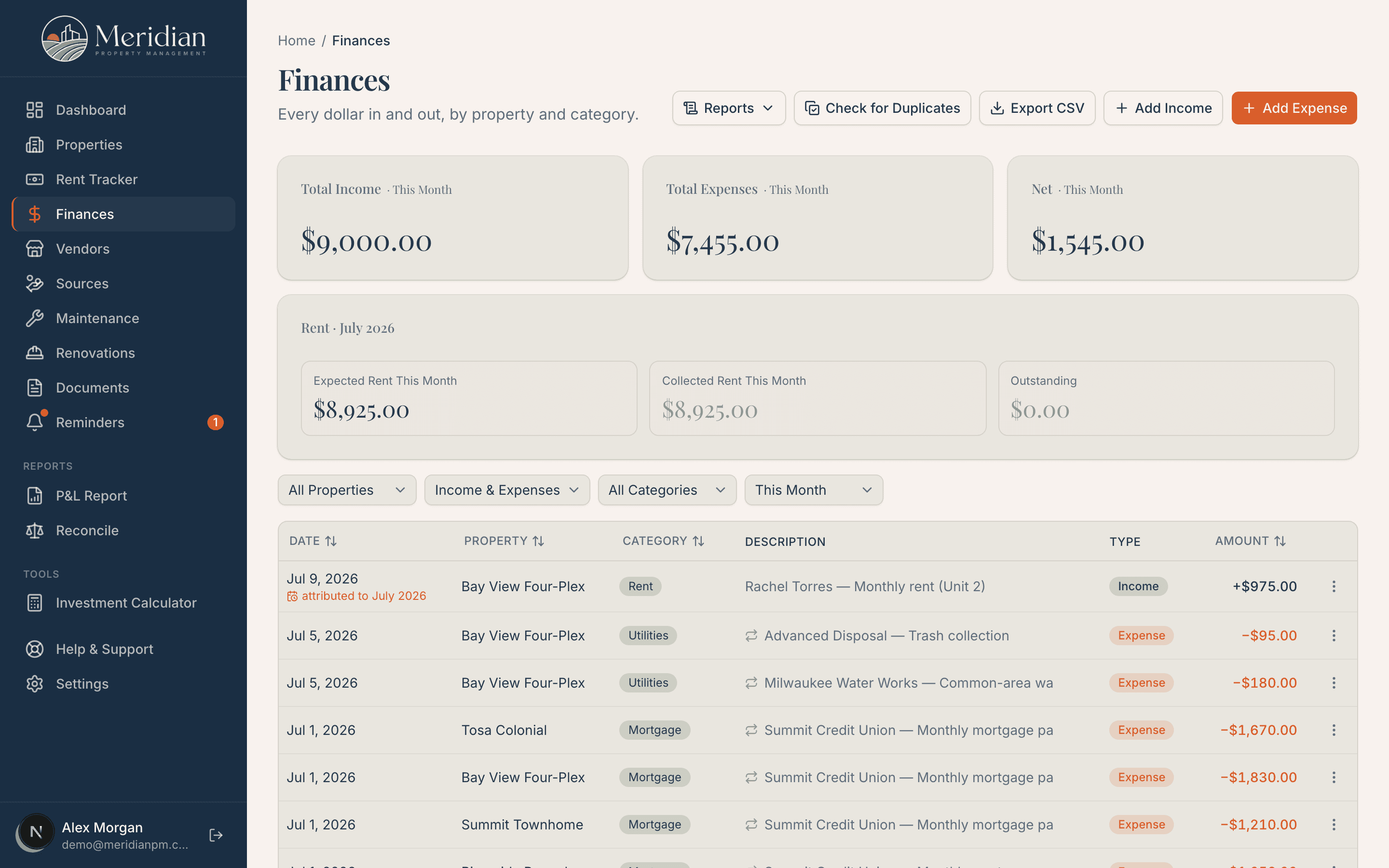 Meridian finances view with categorized income and expenses and CSV export