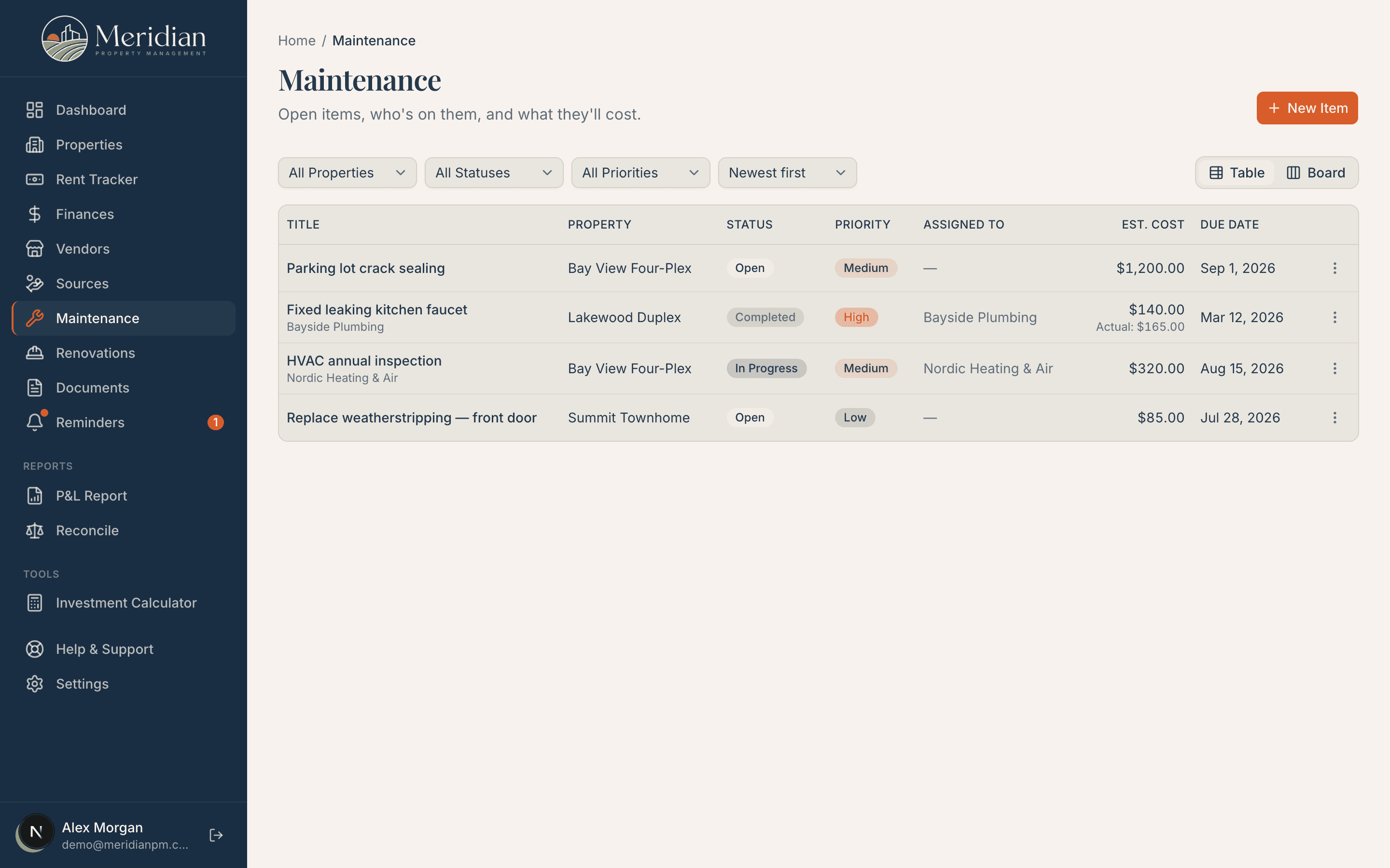 Meridian maintenance tracker with status and priority badges across properties