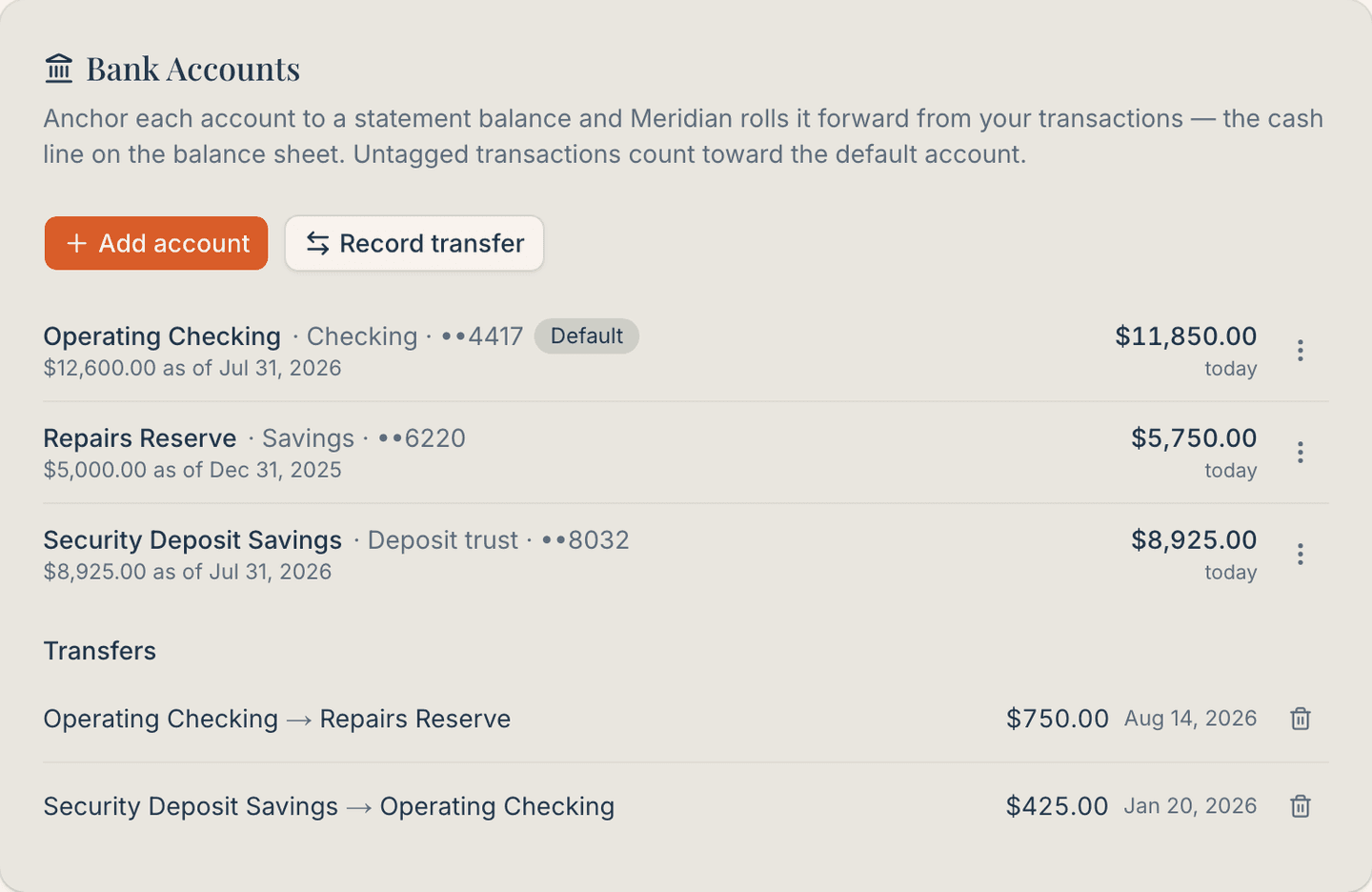 Meridian bank accounts settings card showing statement anchors, balances today, and transfers between accounts
