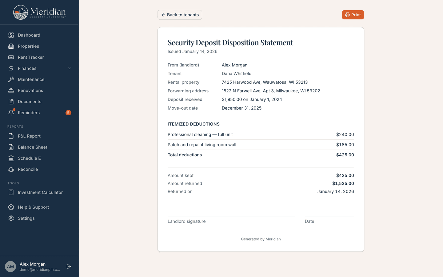 A printable Meridian security deposit disposition statement with itemized deductions and a signature line
