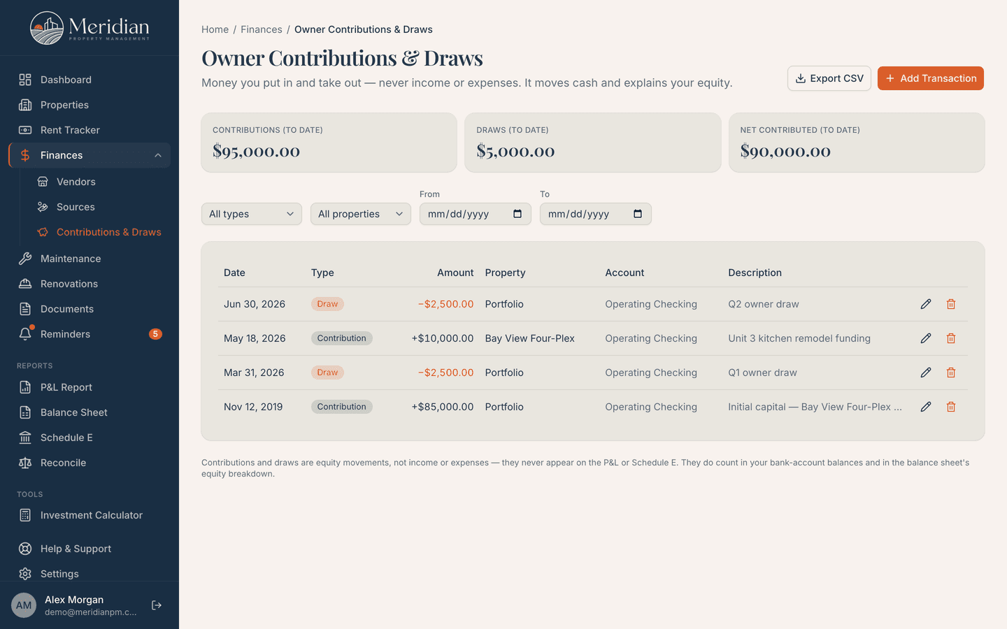 Meridian owner contributions and draws page with lifetime totals and a filtered transaction list
